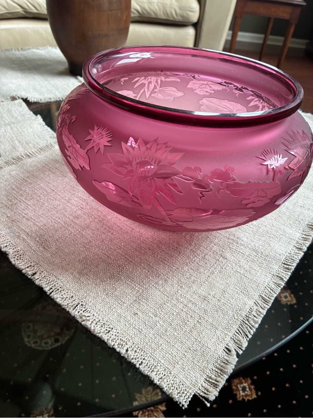 Etched Red Glass Bowl - Floral Motif